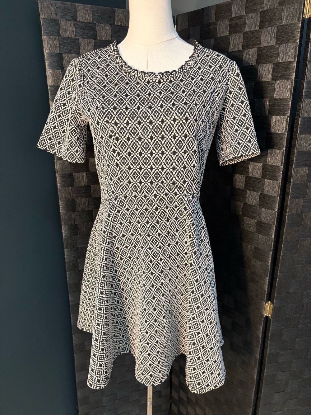 Crystal Doll Black White Geometric Diamond Knit Fit & Flare Skater Dress